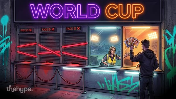 Neon "World Cup" ticket booth with three shuttered "Face ID X" windows as a man shows player photos to a clerk refusing entry