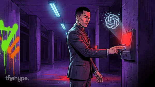 Man in suit pressing a red-lit access terminal in server room, shattered openai-style logo overhead — alibaba's claude ban.