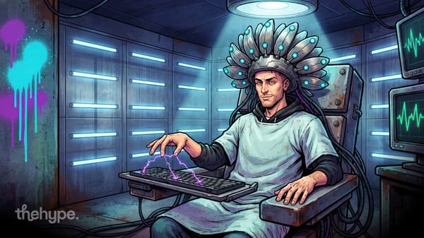 Cyberpunk illustration of a man wearing a brain-scanning headset typing on a keyboard with electric sparks in a dark lab