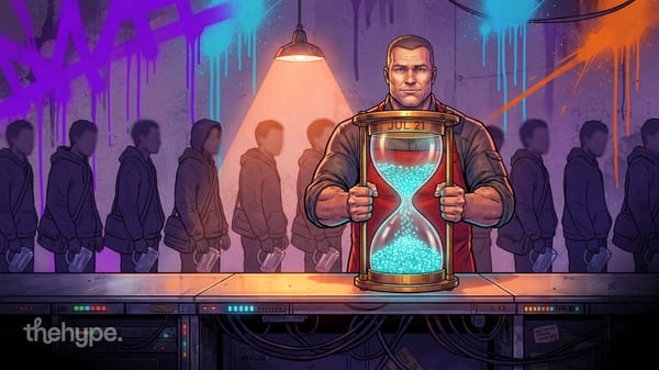 Comic-style man holding a giant hourglass marked JUL 21 draining glowing tokens, symbolizing a free AI model promo ending.