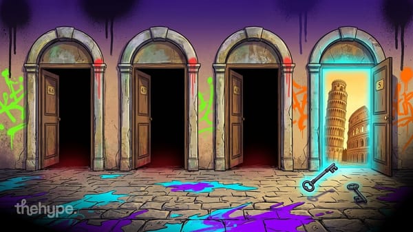 Four arched doors labeled 4.6, 4.7, 4.8, and 5 with the last revealing Italian landmarks and a glowing key on cobblestones