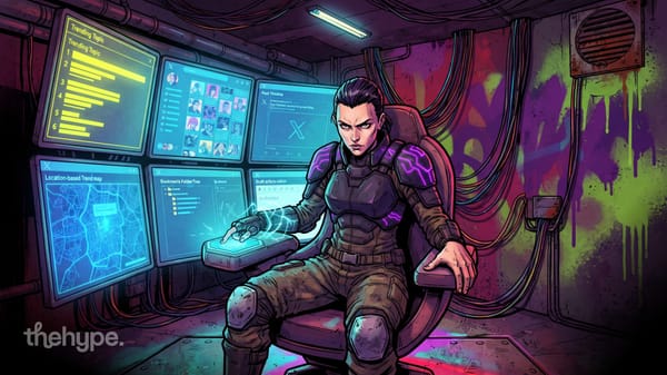 Cyberpunk operator at monitors displaying X trending topics, bookmarks, and draft article editor