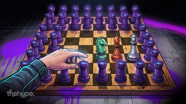 Illustrated chess board with purple rooks surrounding green knight, red bishop, and white queen labeled java, c, c#.