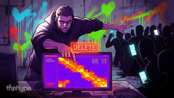 Hooded figure pressing DELETE on a monitor displaying a cosine similarity heatmap while shadowy crowd films with phones