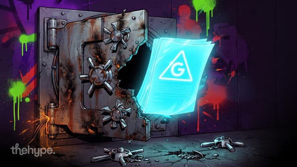 Cracked metal vault leaking a glowing blue document marked with a G logo, symbolizing the Gemini 3.5 Pro leak.