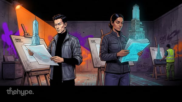 	Comic-style architects study glowing blueprints beside neon tower holograms labeled Qwen, Kimi and Gemini in a graffiti studio
