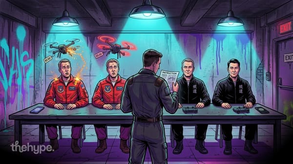 Comic-style pilots in red and black jackets face off at a table as drones compete overhead in a gritty industrial room