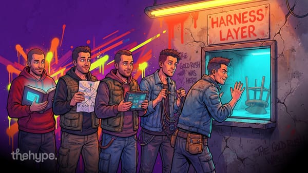 Illustrated developers holding books, diagrams, and tablets near a neon Harness Layer sign with graffiti