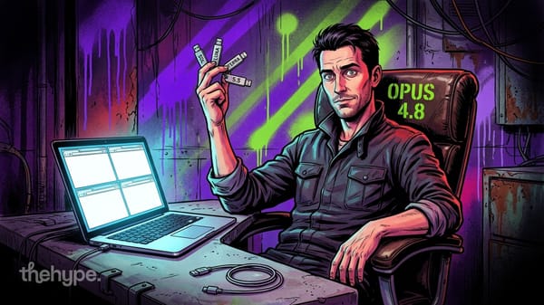 Illustrated man holding labeled USB drives — Sol, Luna, Terra, 5.5 — beside a laptop with four panels, Opus 4.8 on chair