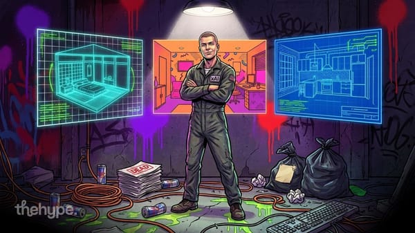 xAI worker in jumpsuit between neon bedroom and kitchen blueprints, messy garage with dead code newspapers