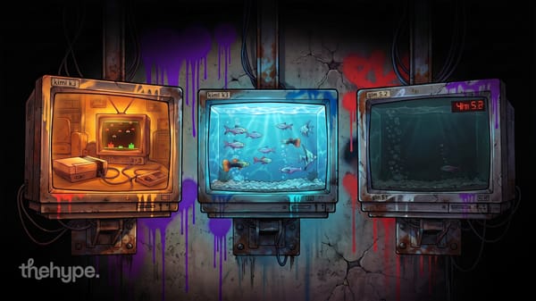 Three retro CRT monitors labeled kimi k3 and glm 5.2 showing a pixel game, bright fish tank, and a dark near-empty tank.