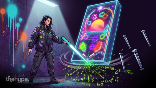 Illustrated woman with glowing rod facing a neon synthwave pinball table standing vertically, legs detached