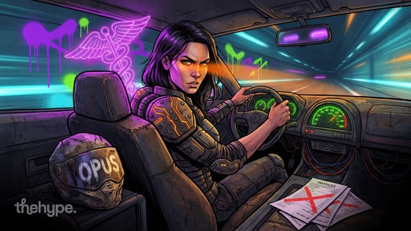 Armored driver racing a neon tunnel, OPUS helmet on the back seat, crossed-out invoices beside her — agent driving costs.