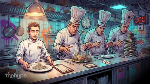 	Four chefs in a graffiti kitchen with hats reading 118b, 295b, 975b, 1.6t plating dishes, mapping ai coding model sizes