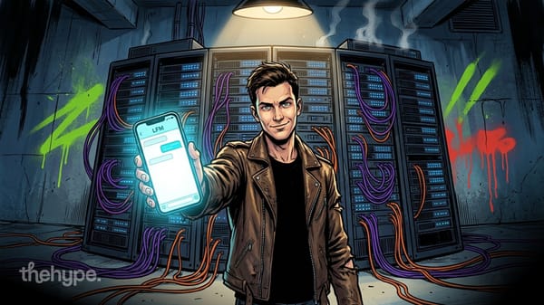 Comic-style man holding phone with LFM chat app in front of server racks with cables, illustrating local vs cloud AI models