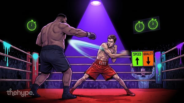 Boxing ring illustration with a large fighter punching a smaller fighter labeled Lite, with Speed up and Quality down signs