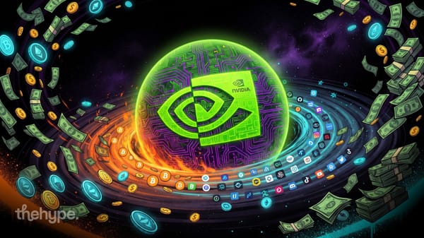 Nvidia GPU chip sphere surrounded by swirling money, crypto coins, and app icons in cosmic vortex illustration