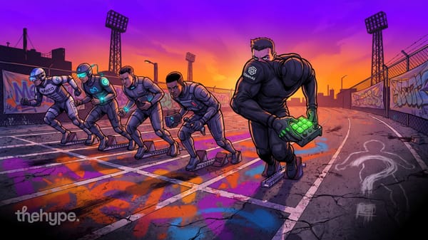 Muscular OpenAI runner grips a green keypad at a graffiti track start line, outpacing Meta and rival lab sprinters.