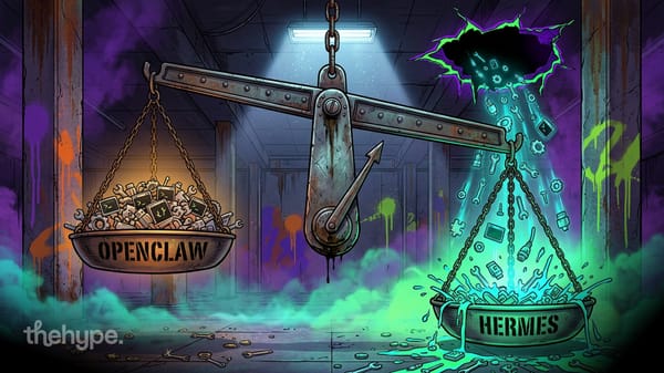 Rusted scale weighs openclaw's device pile against hermes' glowing tools, illustrating the ai agent rivalry between them.