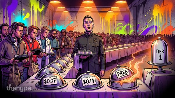 Illustration of a server in uniform serving silver cloches labeled Free and $0.07 to a crowd of developers