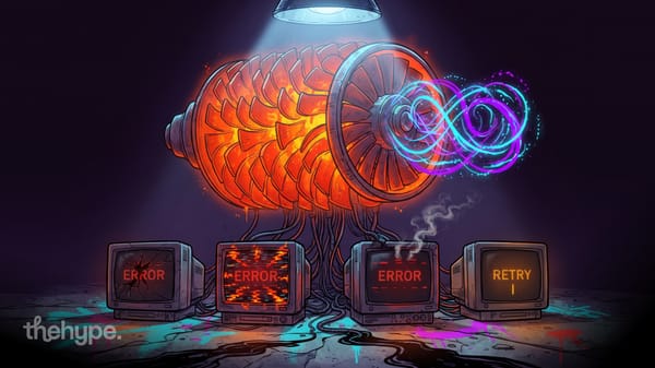 Illustrated turbine engine emitting energy spirals above four old monitors showing error and retry screens