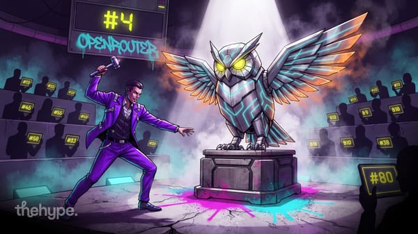 Auctioneer with gavel presents metallic owl on pedestal in neon-lit auction hall with #4 display and OpenRouter graffiti
