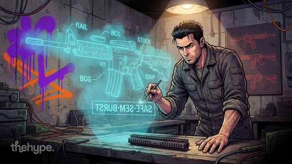 	Illustration of a man studying a holographic rifle blueprint in a workshop, for an AI coding benchmark article