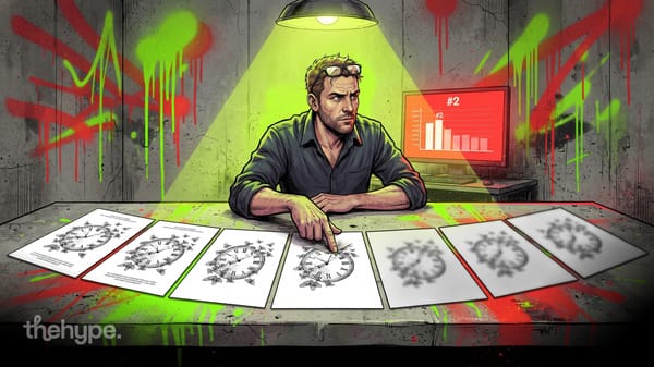 Comic-style man reviewing printed art samples fading from detailed to blurry, bar chart showing #2 on screen behind him