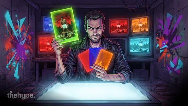 Man in leather jacket holds glowing cards with boxing photos, retro monitors behind him showing fight scenes