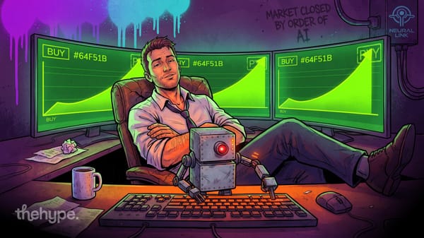 Comic illustration of a relaxed trader leaning back as a small robot types on his keyboard, green buy charts glowing behind him