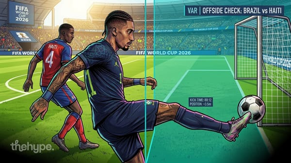 Illustrated VAR offside check at FIFA World Cup 2026: Brazil player kicks ball past Haiti defender, tracking line overlay