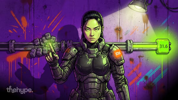Armored woman with Xiaomi Mi logo lifts a barbell of token-share numbers, largest plate reading 31.6, on a purple graffiti wall