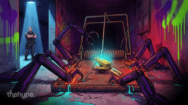 Spider-like robot destroyed after grabbing a USB drive labeled ADMIN in a graffiti hallway — an AI honeypot trap