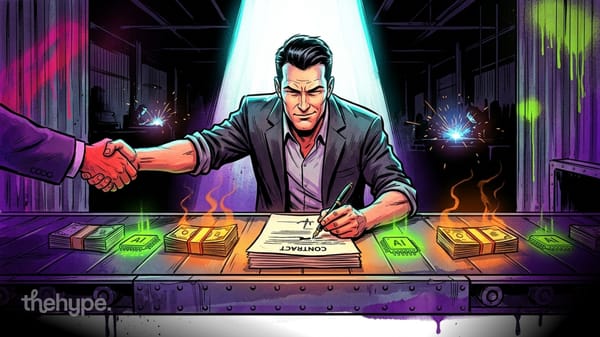 Comic-style man in a suit signs a contract on a conveyor belt of cash and glowing AI chips while shaking hands on a deal