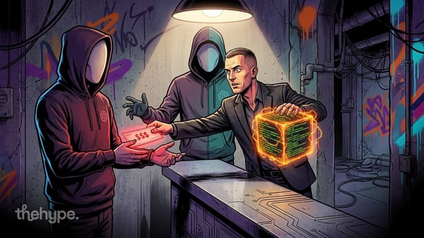 Man clutching glowing code cube while hooded figure with AI logo demands payment in a dark alley