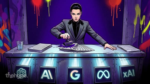 Illustration of figure stamping documents at a desk with OpenAI, Anthropic, Google, Meta, and xAI logos below