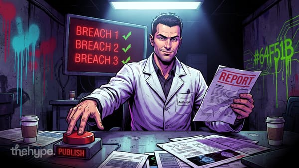 Anthropic scientist in lab coat hits red PUBLISH button beside screen listing BREACH 1, 2, 3 — cyber eval incident report.