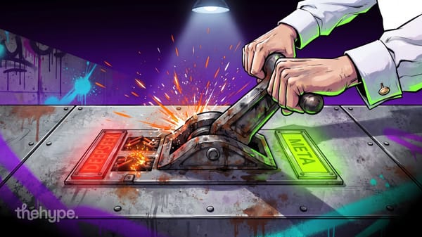 Hand pulls industrial switch from red DeepSeek label toward green Meta label with sparks flying