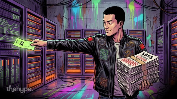 Illustrated man in jacket with Chinese flag patches holds cash stack, hands $6 receipt to server rack in neon-lit data center
