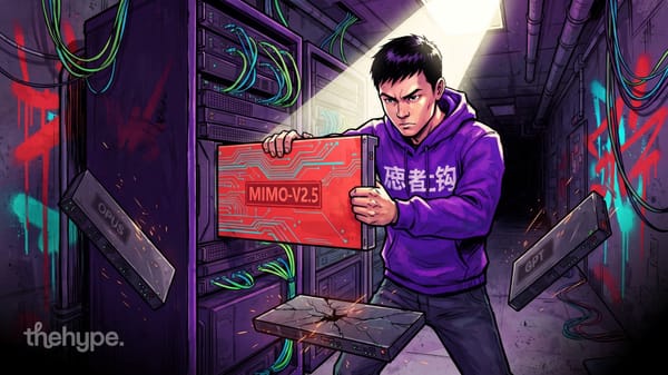 	Illustration of person in purple hoodie swapping opus and gpt server racks for a red mimo-v2.5 unit in a data center.