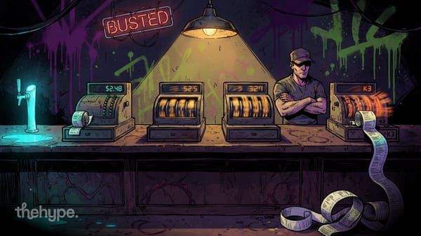 	Illustrated bar scene with cash registers showing prices, neon "Busted" sign, and receipt tape spilling onto counter