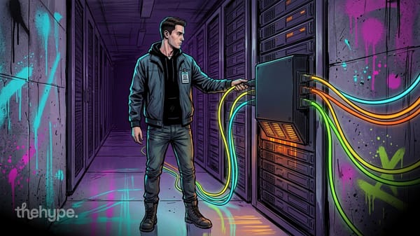 	Illustration of a technician plugging glowing neon cables into server racks in a graffiti-covered data center corridor
