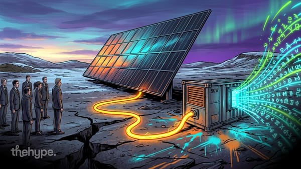 Tilted solar panel wired to a 5GW container emitting glowing tokens in an icy landscape, suited figures watching.