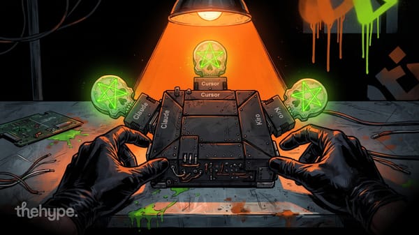 	Dark illustration of gloved hands assembling a device labeled Claude, Cursor, and Kiro with glowing green skulls