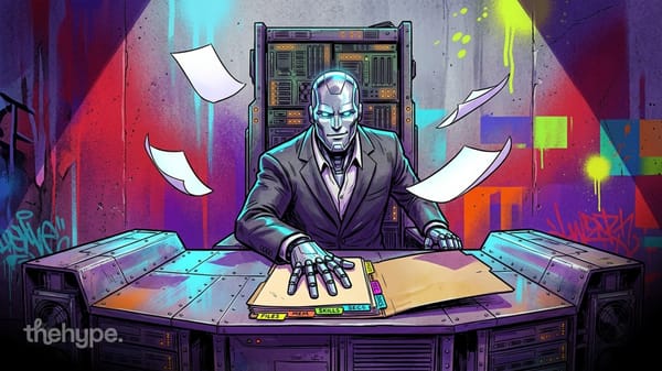 Robot in a suit at a metal desk sorting labeled folders with papers flying, graffiti-lit server room behind