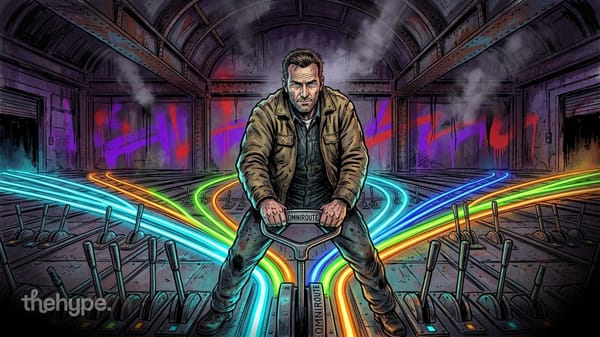 	Illustrated man gripping an Omniroute switch lever with neon rainbow tracks branching through a graffiti subway tunnel.