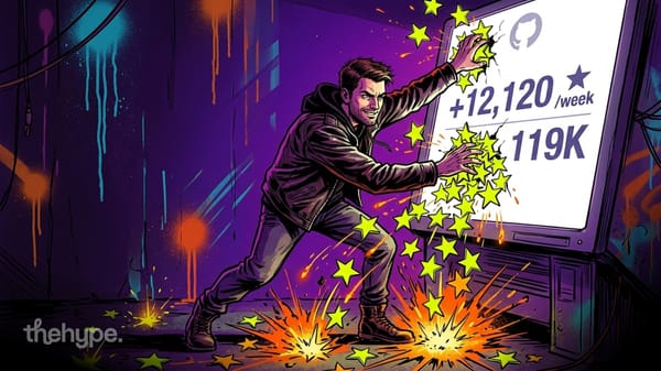 Illustrated man punching glowing stars into a cracked screen showing the GitHub logo, +12,120/week and 119K stars.