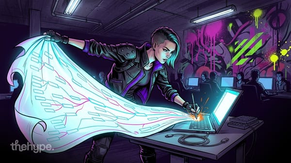 Illustrated hacker pulling a glowing diagram sheet from a laptop in a dark office, evoking github's top diagram repo