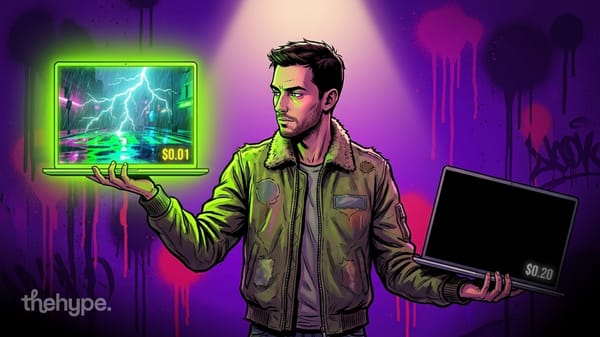 Man holds a glowing laptop showing a neon storm scene at $0.01 and a dark laptop at $0.20, the model cost gap.