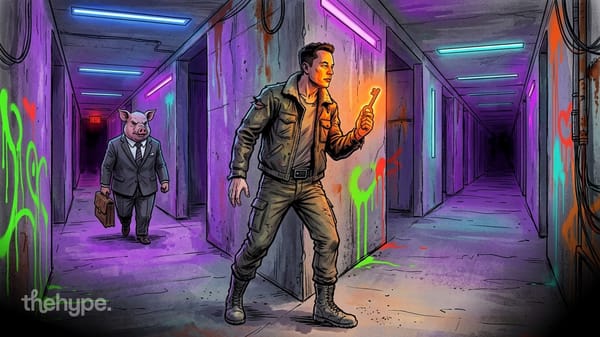 Man holding glowing key in neon-lit corridor as suit-wearing pig approaches in maze benchmark illustration